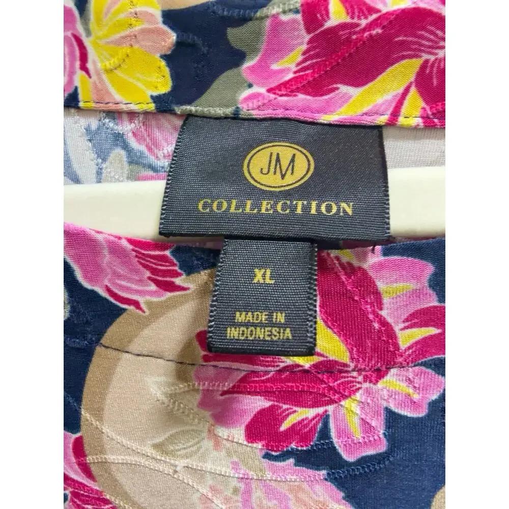 JM Collection Womens Navy Blue Jacquard Swing Top 3/4 Sleeves Blouse XL EUC